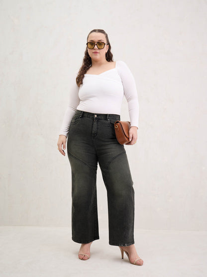 Black Acid Wash Front Stitch Straight Jeans