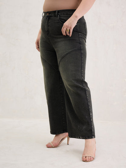 Black Acid Wash Front Stitch Straight Jeans