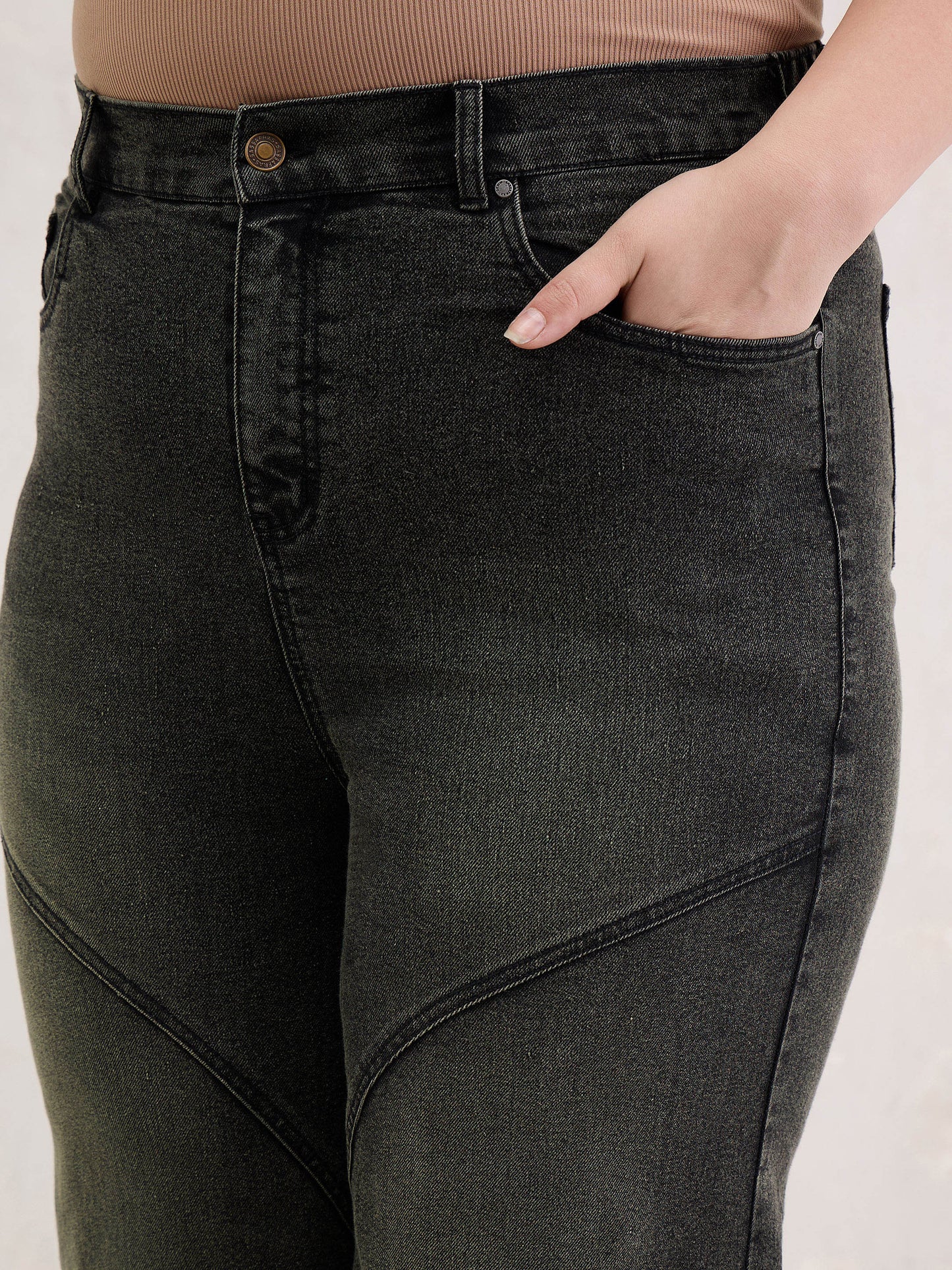 Black Acid Wash Front Stitch Straight Jeans
