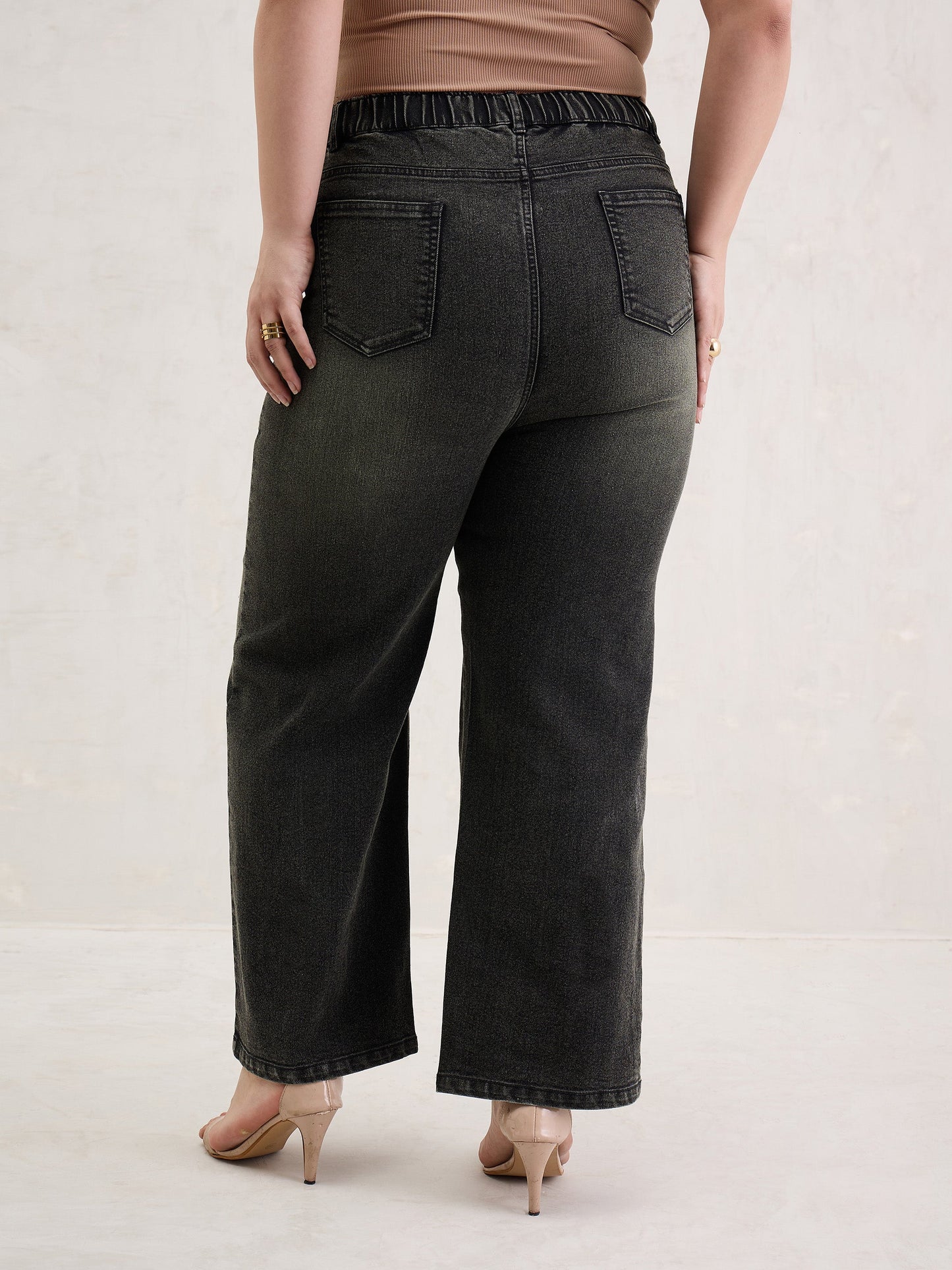 Black Acid Wash Front Stitch Straight Jeans