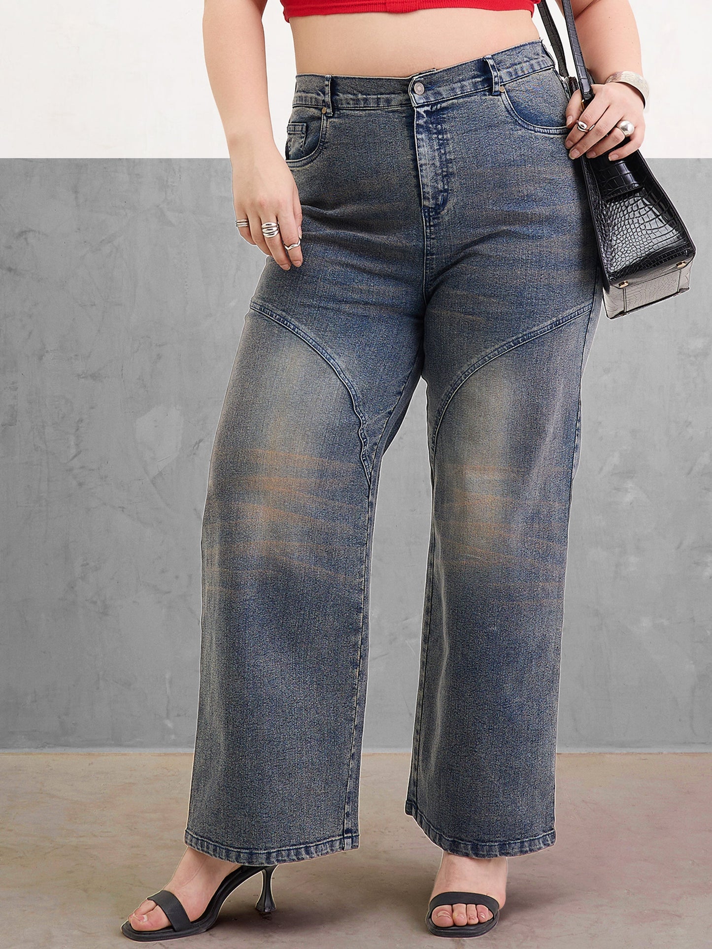 Blue Acid Wash Front Stitch Straight Jeans