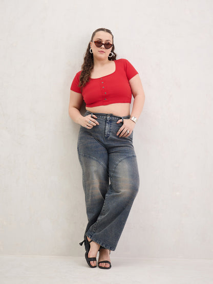 Blue Acid Wash Front Stitch Straight Jeans
