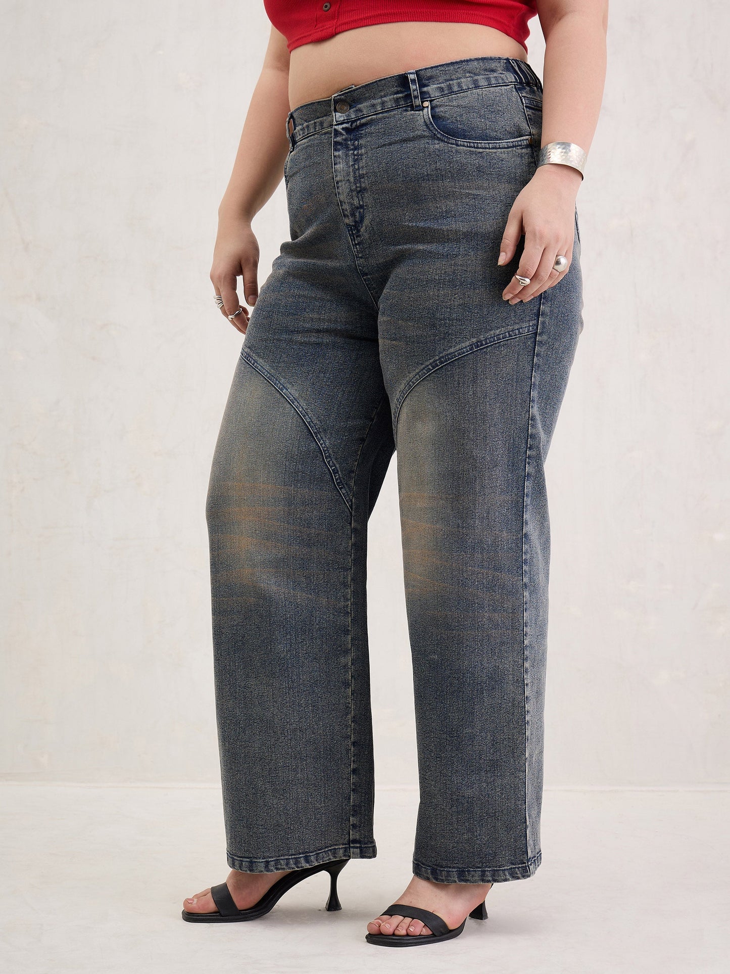 Blue Acid Wash Front Stitch Straight Jeans