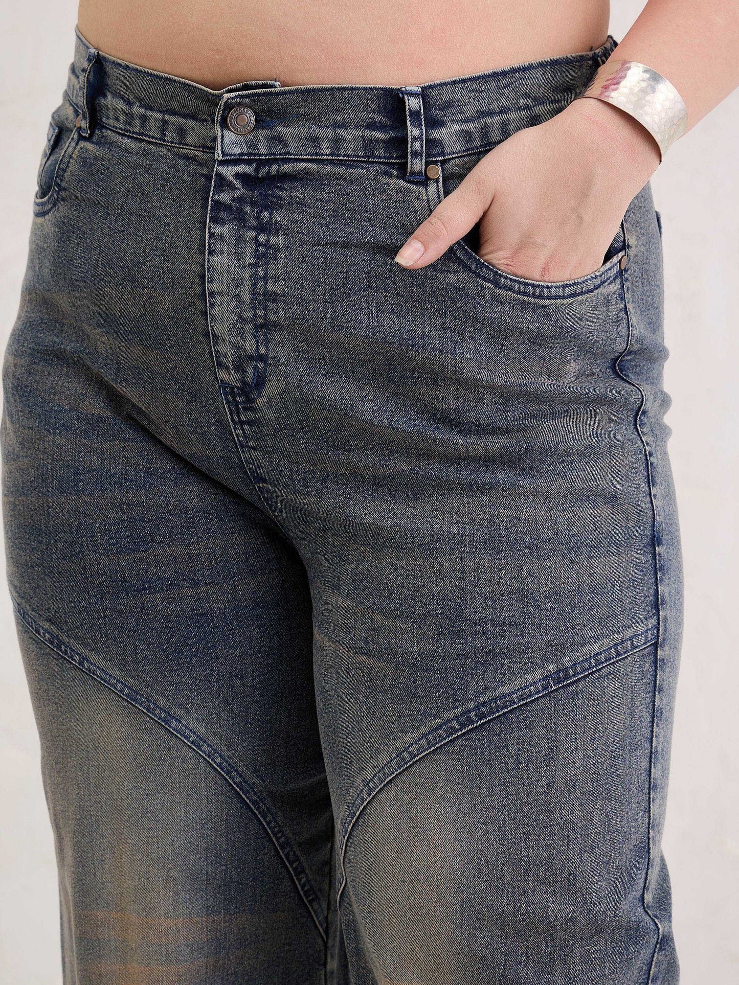 Blue Acid Wash Front Stitch Straight Jeans