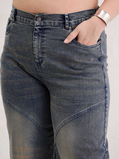 Blue Acid Wash Front Stitch Straight Jeans