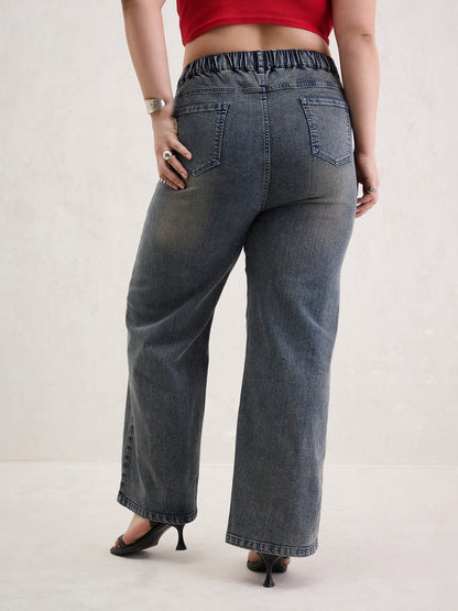 Blue Acid Wash Front Stitch Straight Jeans