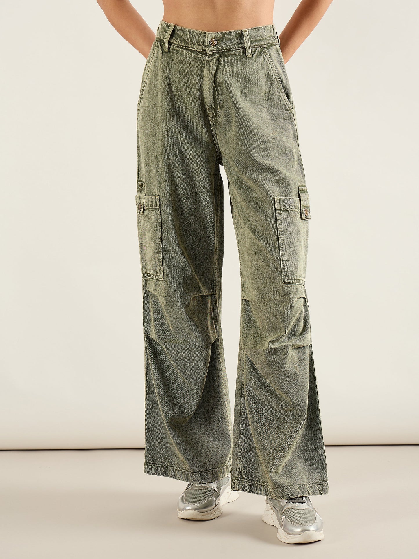 Olive Acid Wash High Rise Straight Cargo Jeans