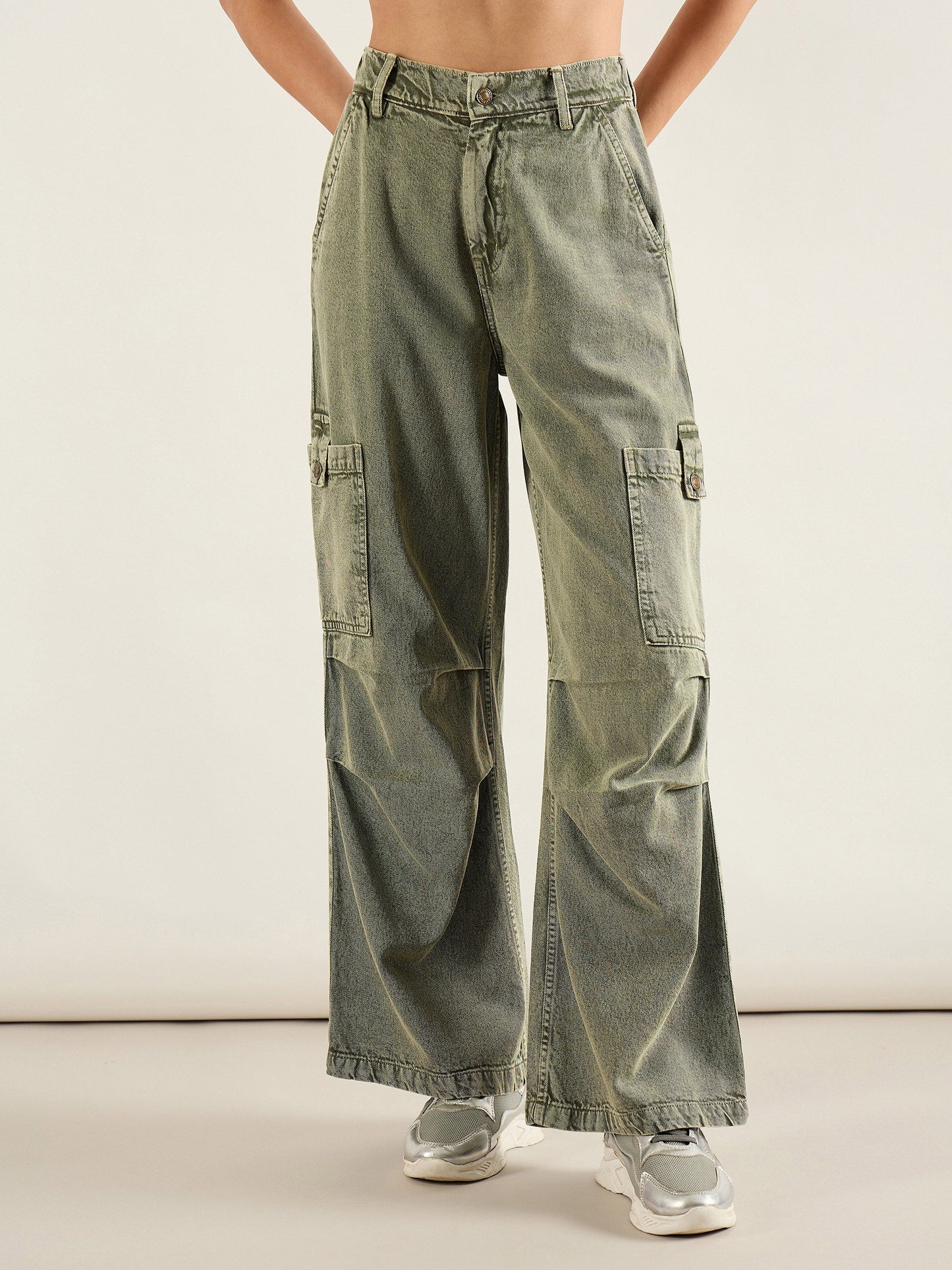 Olive Acid Wash High Rise Straight Cargo Jeans