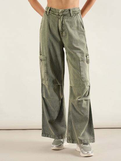 Olive Acid Wash High Rise Straight Cargo Jeans