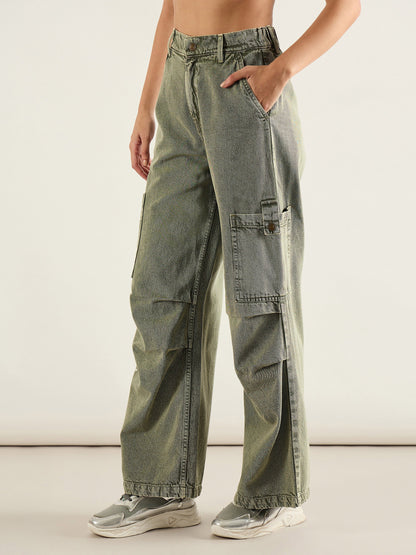 Olive Acid Wash High Rise Straight Cargo Jeans