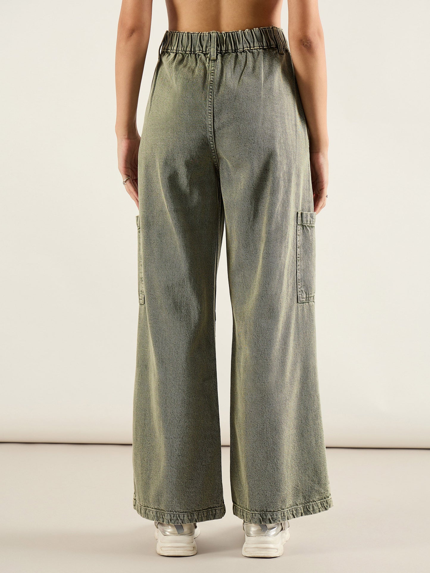 Olive Acid Wash High Rise Straight Cargo Jeans