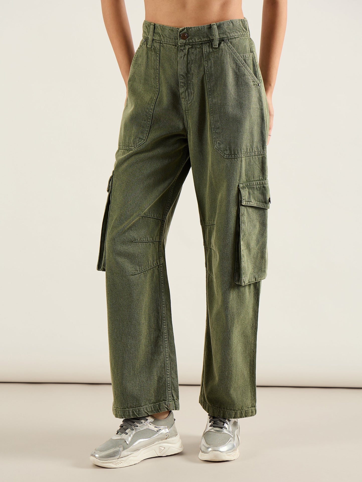 Olive High Rise Cargo Pocket Jeans