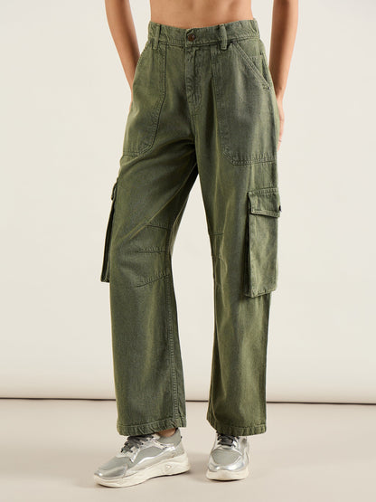 Olive High Rise Cargo Pocket Jeans