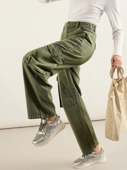 Olive High Rise Cargo Pocket Jeans