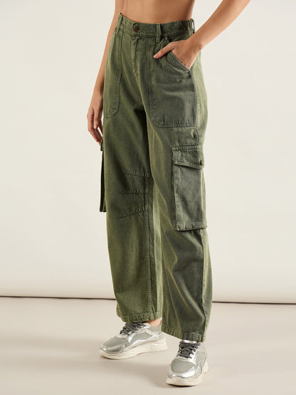 Olive High Rise Cargo Pocket Jeans