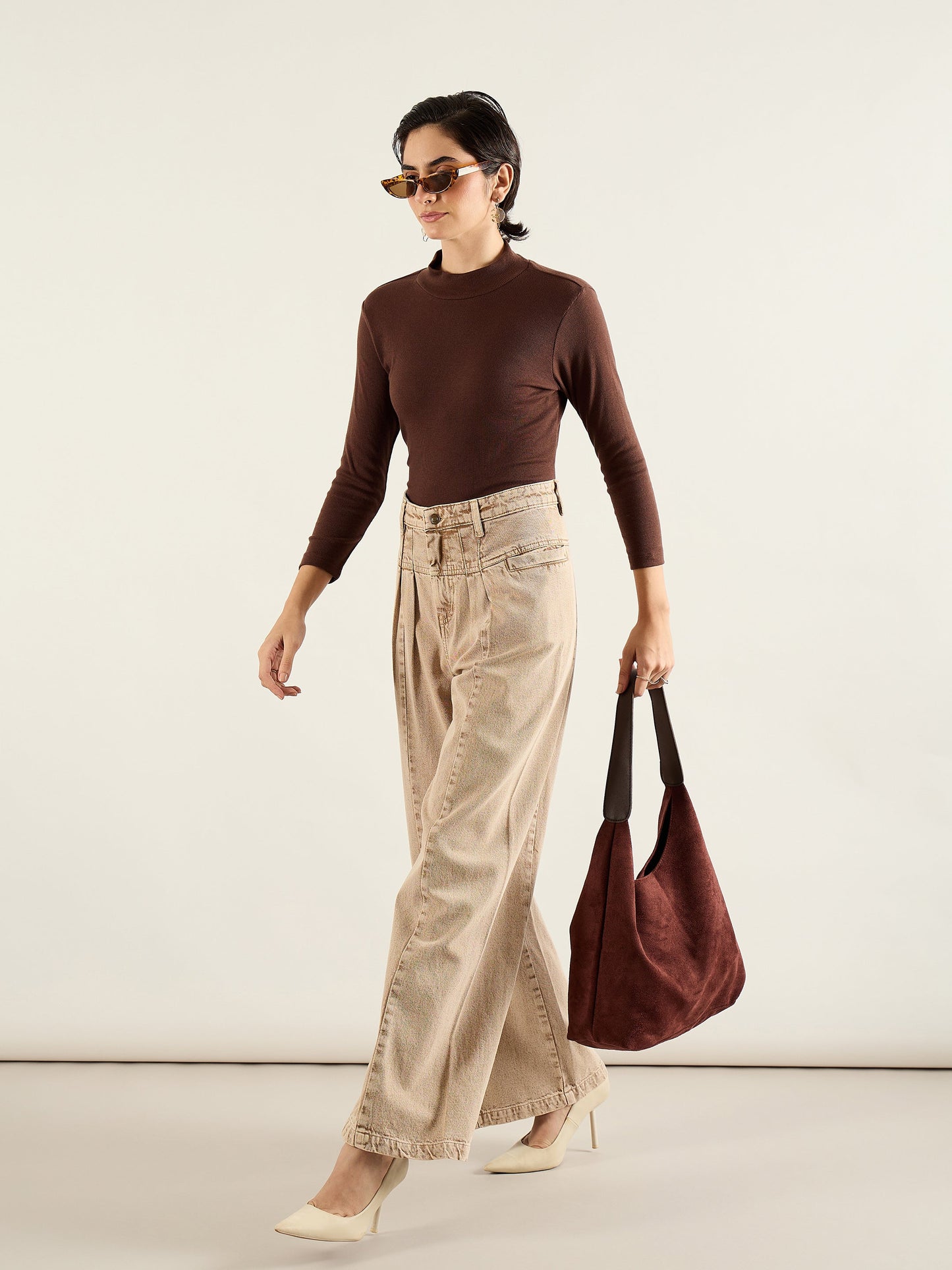 Brown High Waist Front Dart Wide Leg Jeans