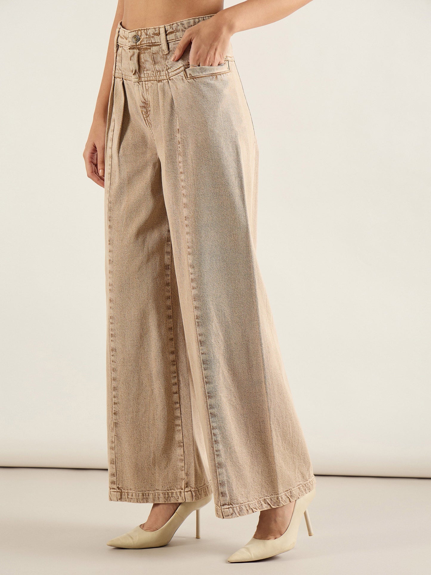 Brown High Waist Front Dart Wide Leg Jeans