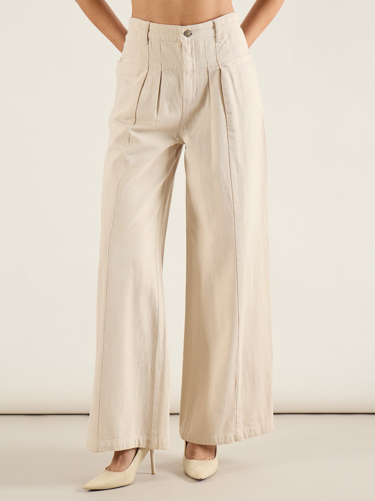 Beige High Waist Front Dart Wide Leg Jeans