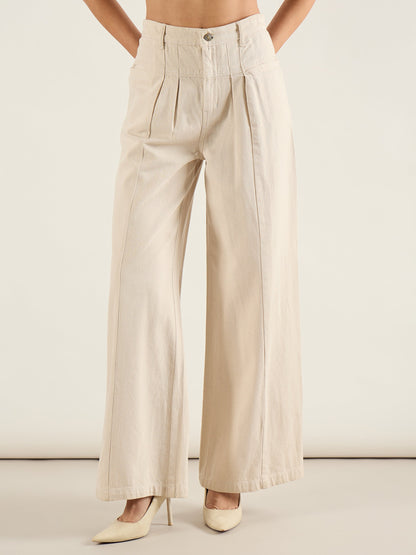 Beige High Waist Front Dart Wide Leg Jeans