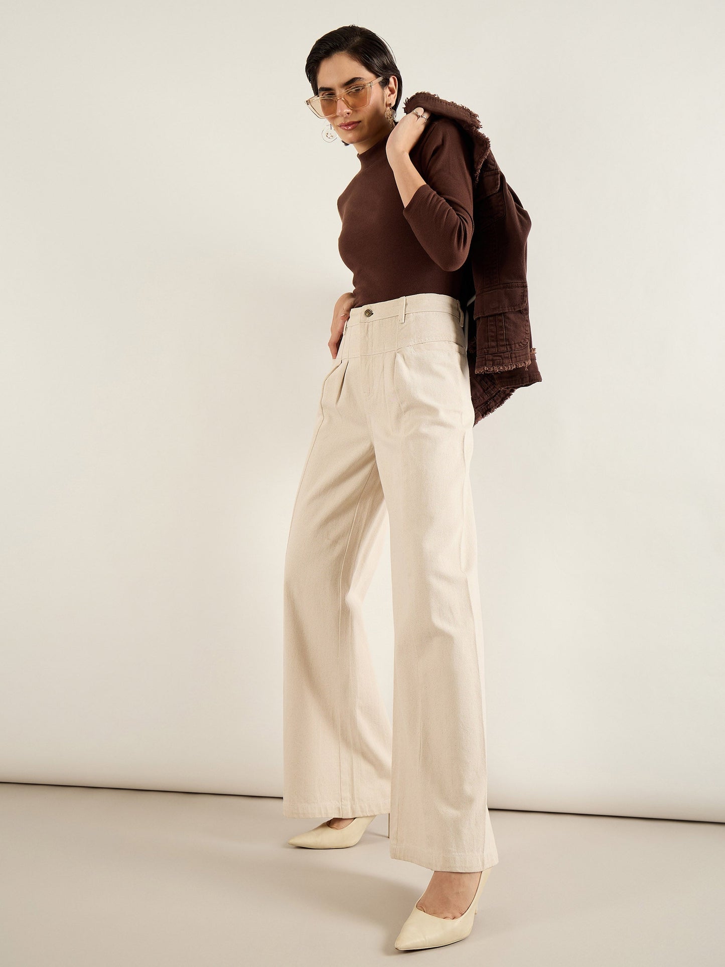 Beige High Waist Front Dart Wide Leg Jeans