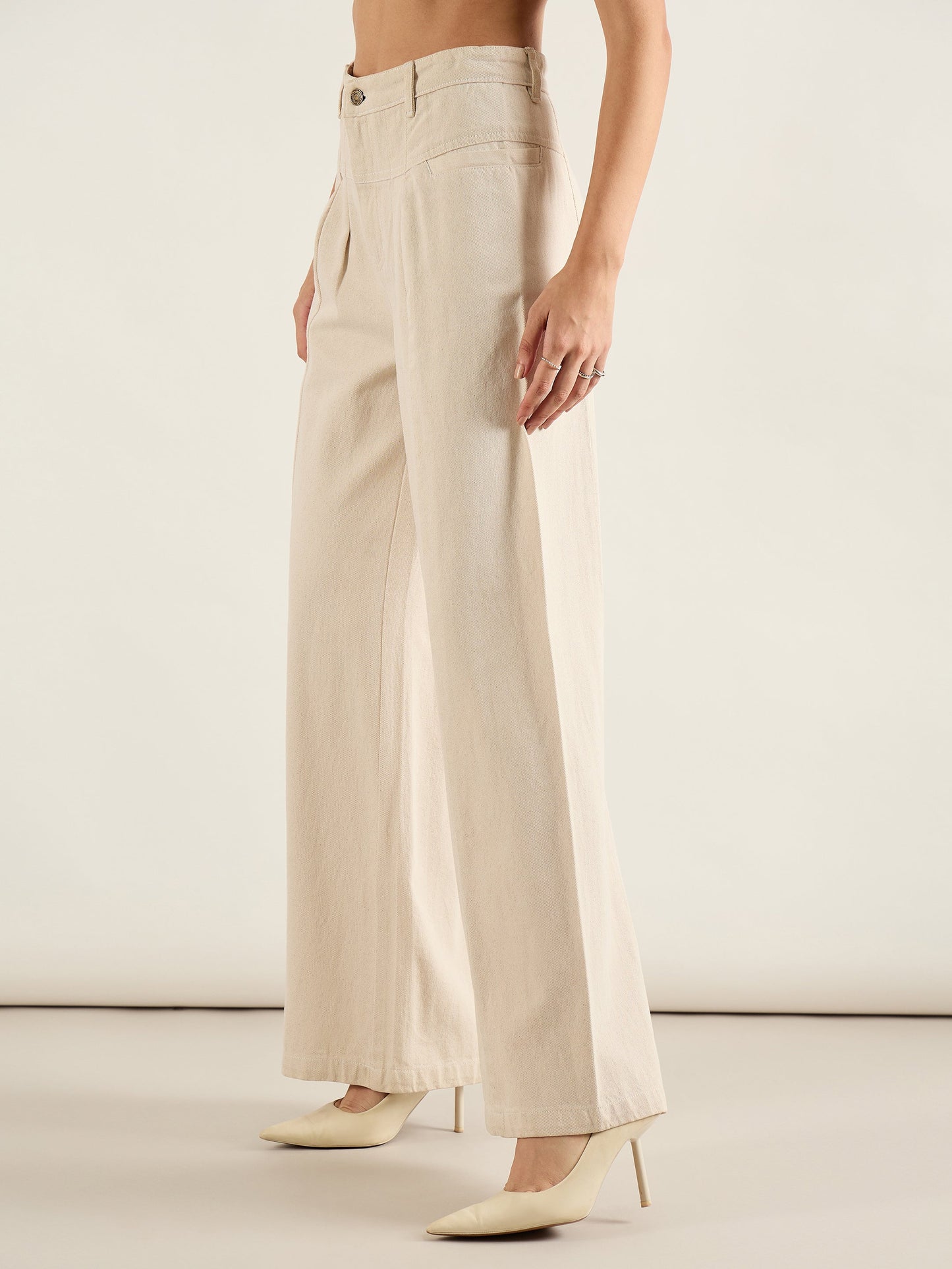 Beige High Waist Front Dart Wide Leg Jeans