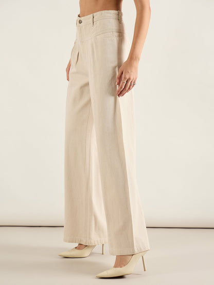 Beige High Waist Front Dart Wide Leg Jeans