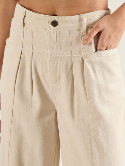 Beige High Waist Front Dart Wide Leg Jeans