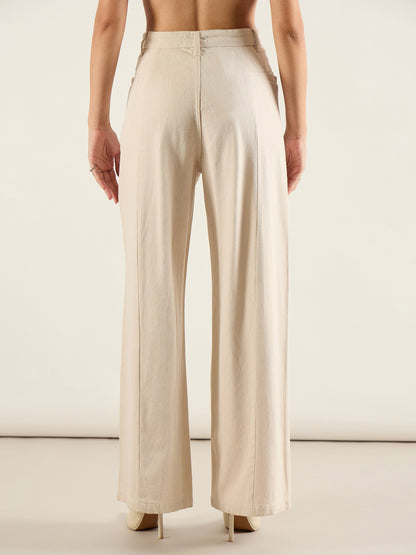 Beige High Waist Front Dart Wide Leg Jeans