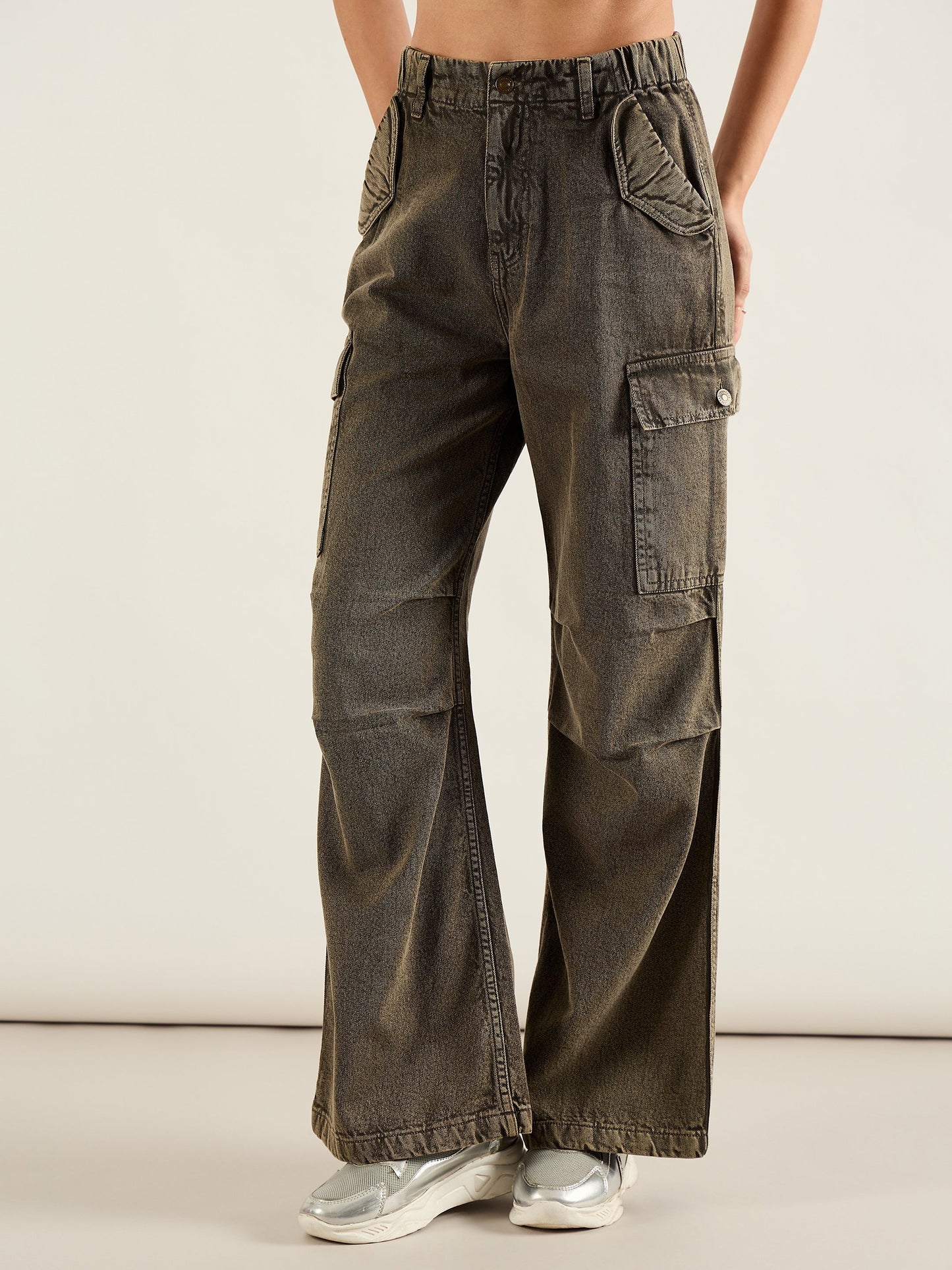 Olive Acid Wash Flap Pocket Cargo Jeans