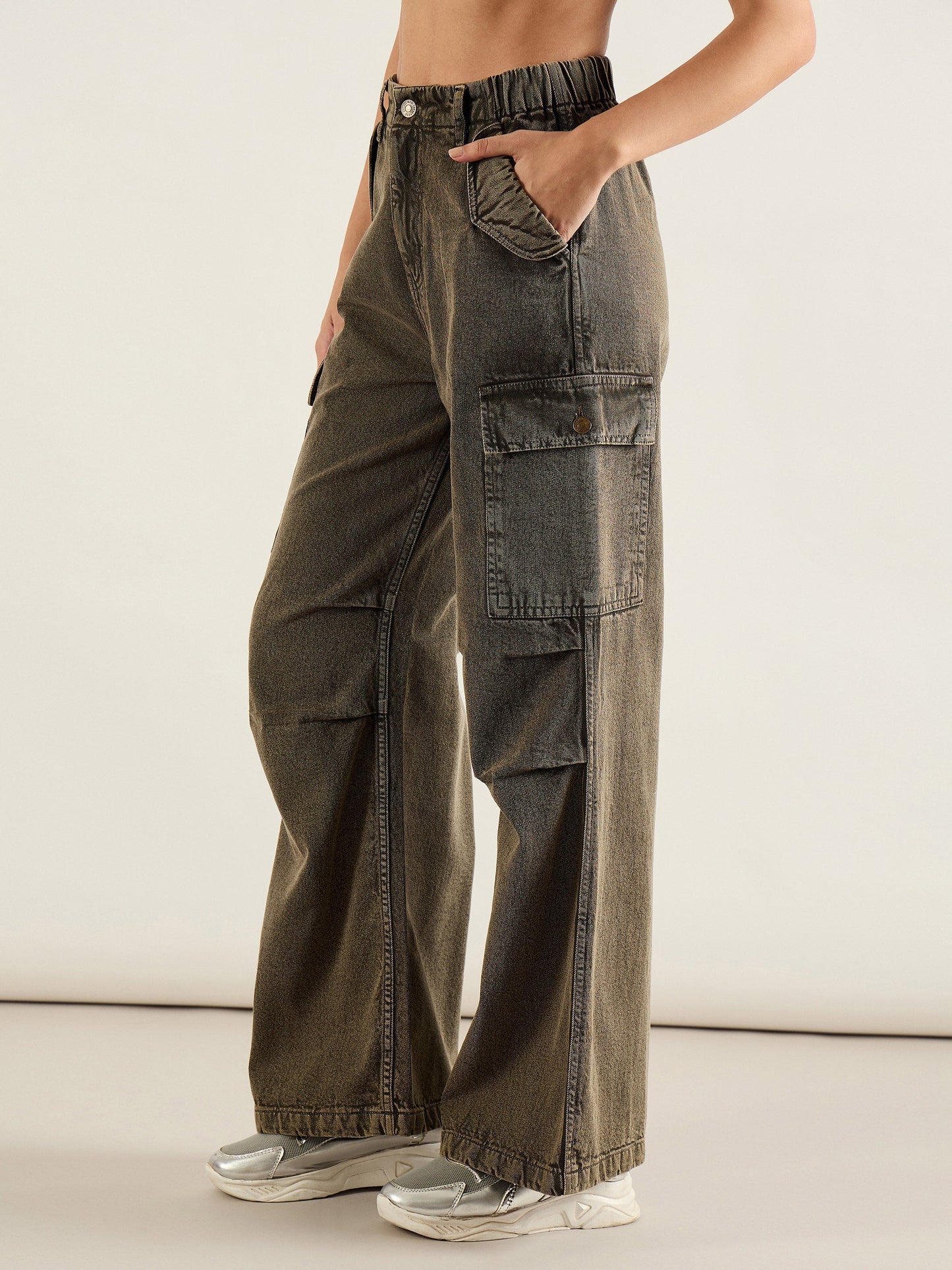 Olive Acid Wash Flap Pocket Cargo Jeans