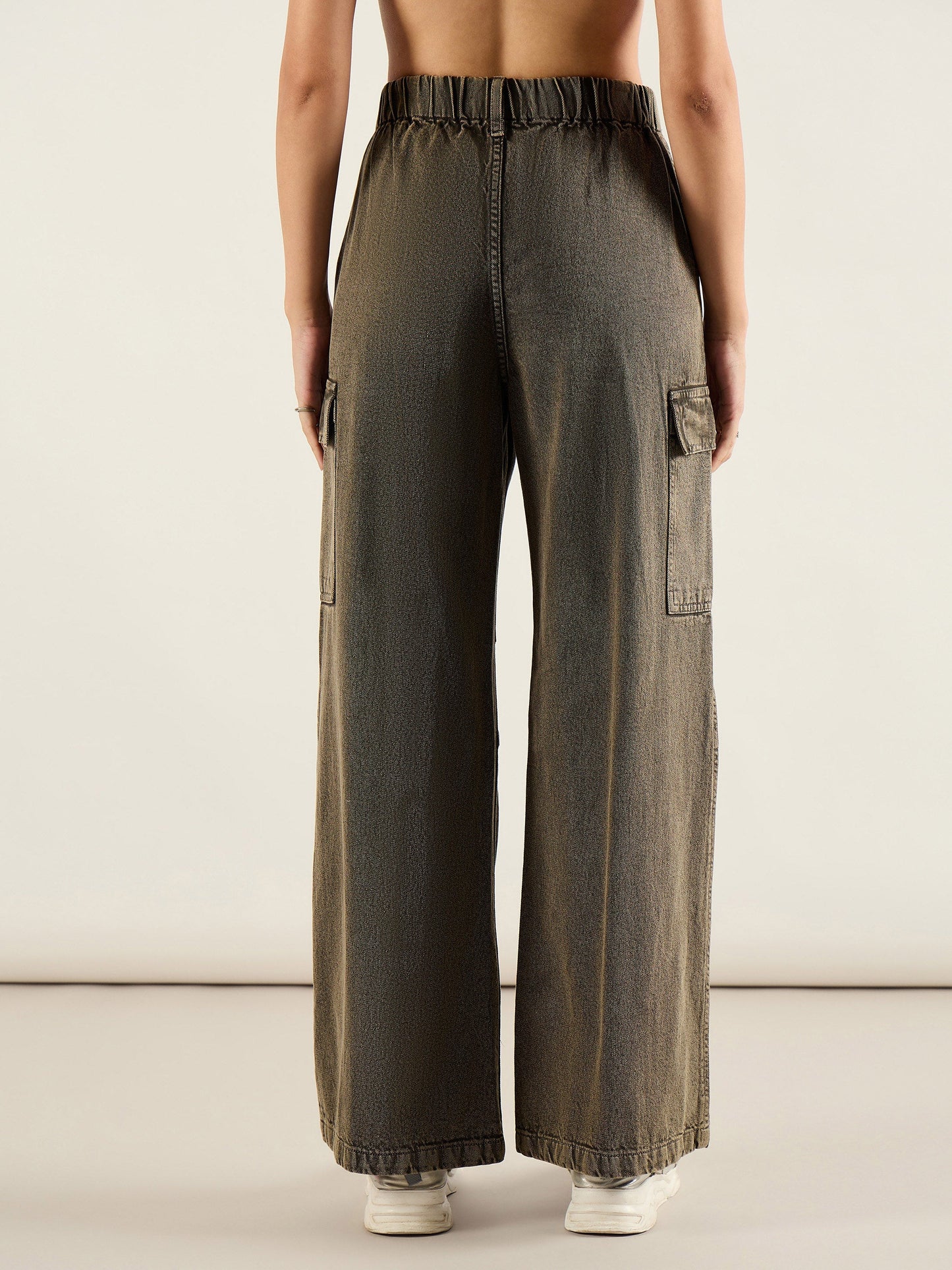 Olive Acid Wash Flap Pocket Cargo Jeans