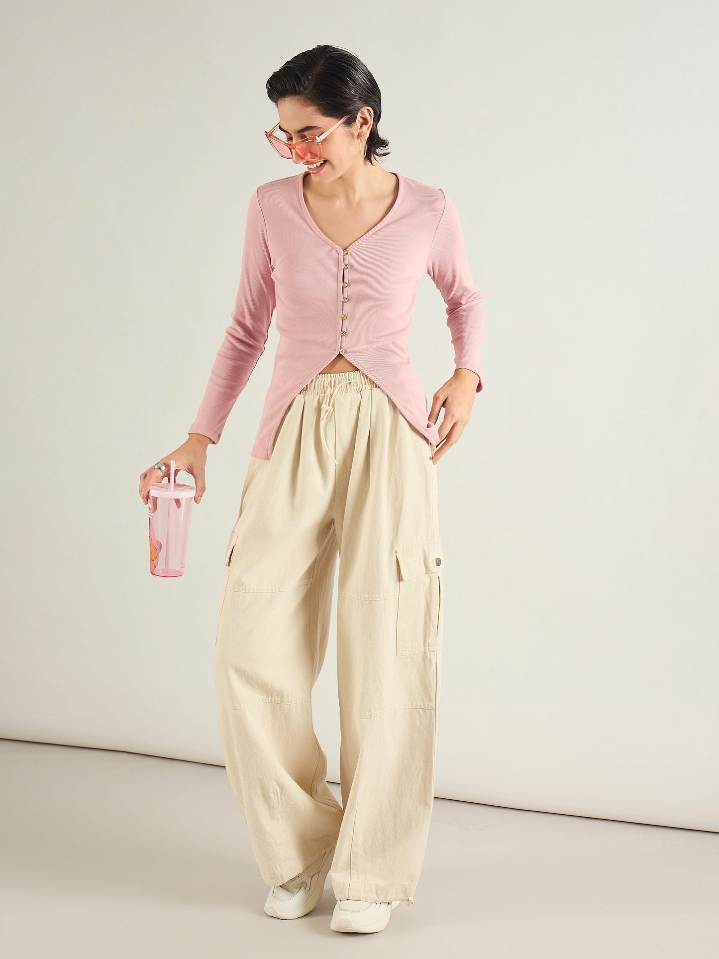 Beige Baggy Fit Cargo Jeans
