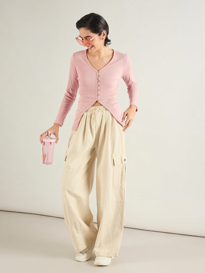 Beige Baggy Fit Cargo Jeans