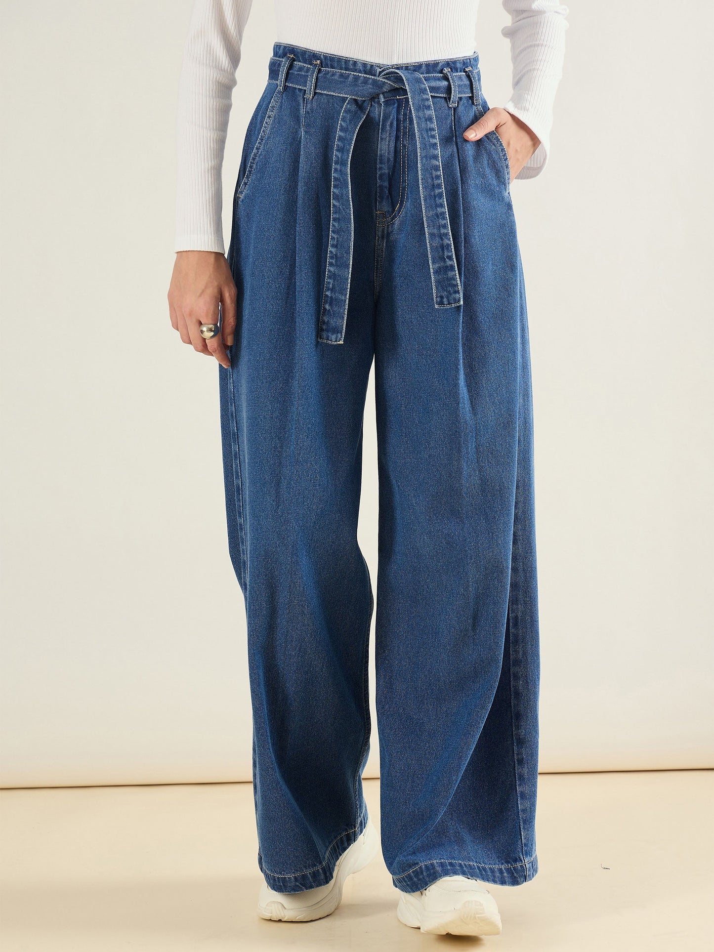 Blue Wash Wide Leg Belted Denim Jeans