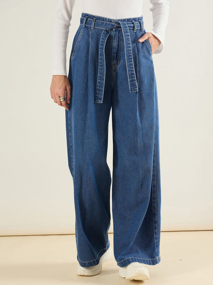 Blue Wash Wide Leg Belted Denim Jeans