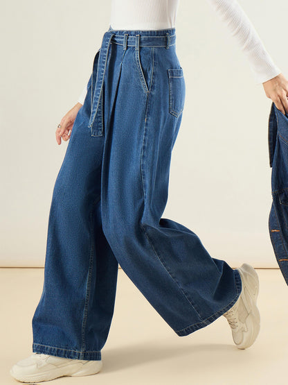 Blue Wash Wide Leg Belted Denim Jeans