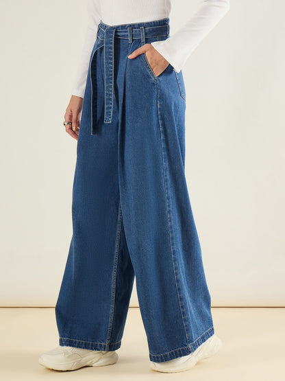 Blue Wash Wide Leg Belted Denim Jeans