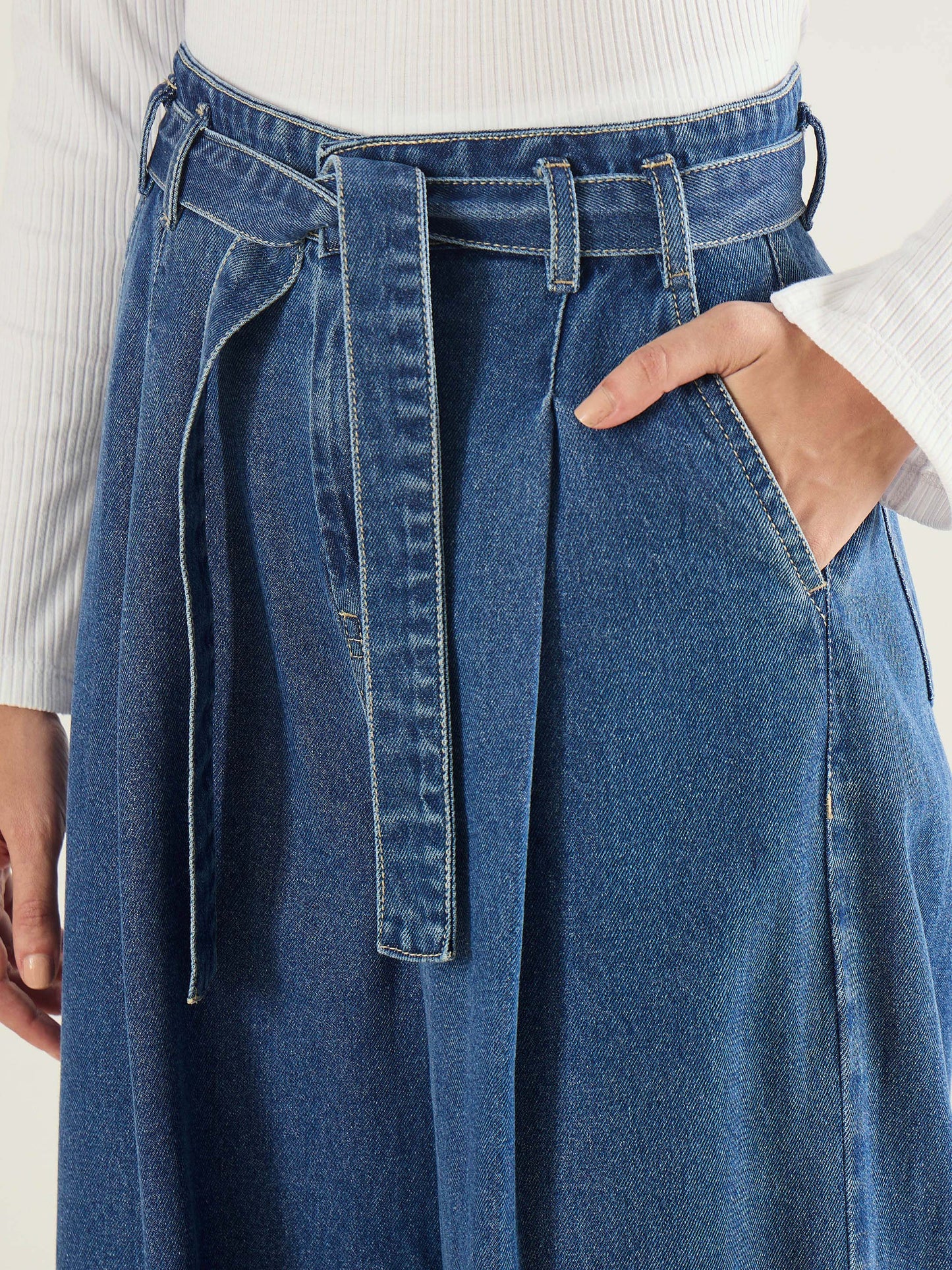 Blue Wash Wide Leg Belted Denim Jeans