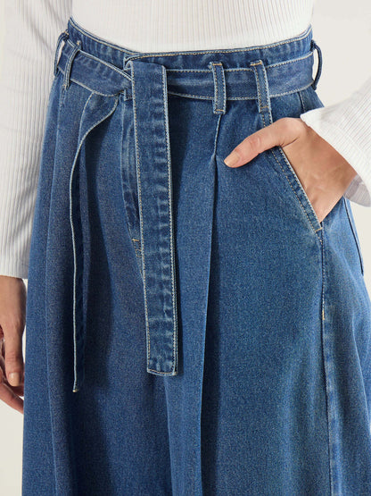 Blue Wash Wide Leg Belted Denim Jeans