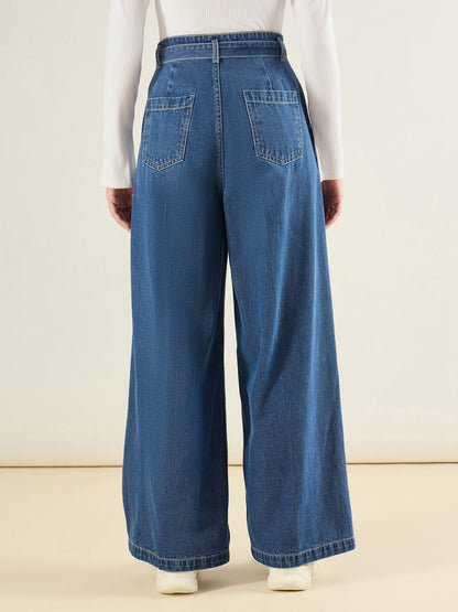 Blue Wash Wide Leg Belted Denim Jeans