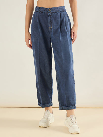 Blue Wash Roll Up Hem Barrel Jeans