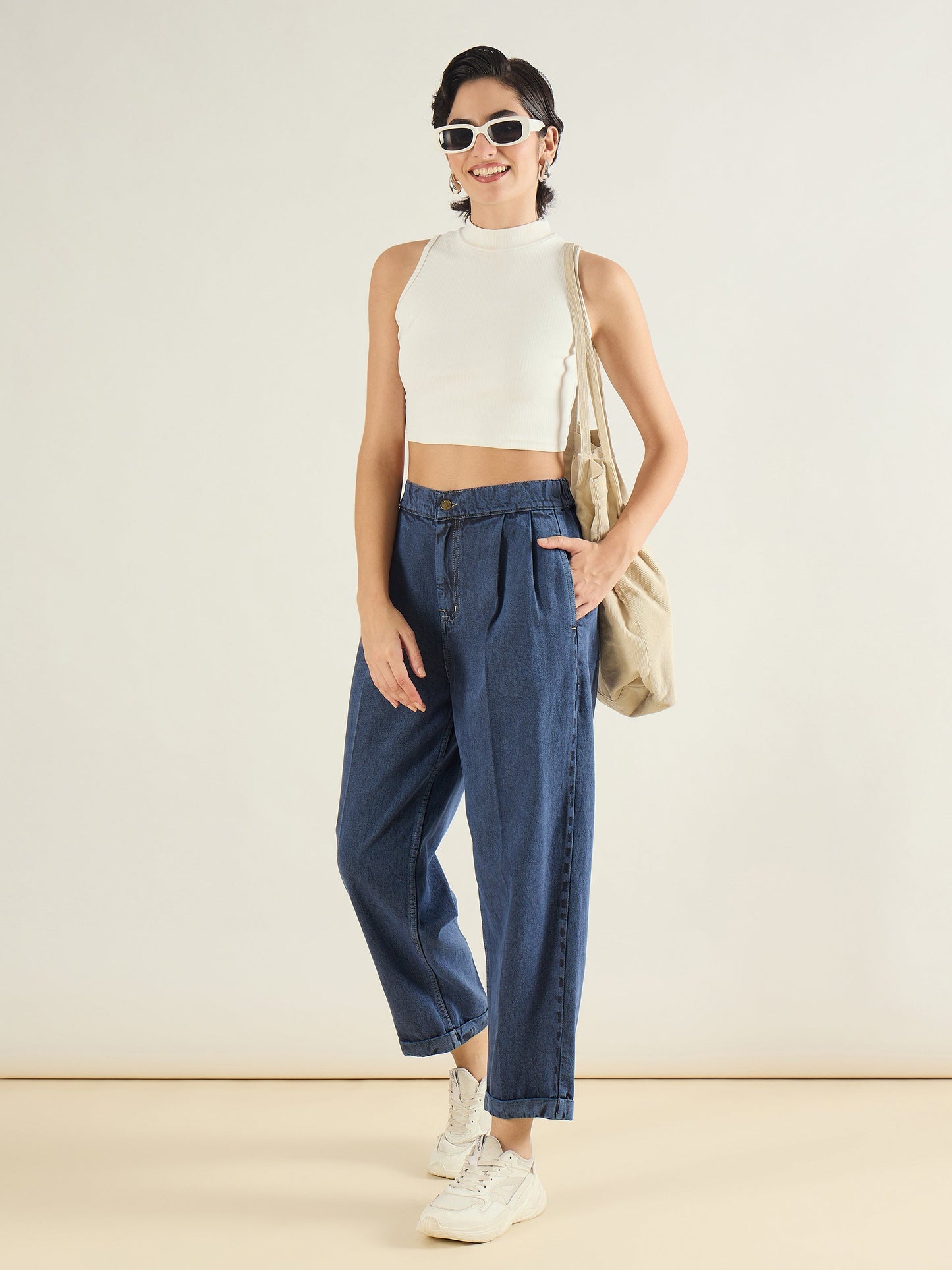 Blue Wash Roll Up Hem Barrel Jeans