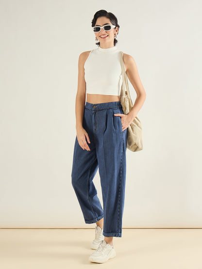 Blue Wash Roll Up Hem Barrel Jeans