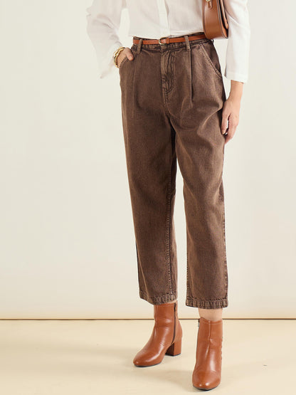 Brown PU Belted Barrel Jeans