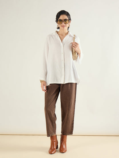 Brown PU Belted Barrel Jeans