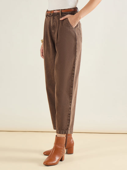 Brown PU Belted Barrel Jeans