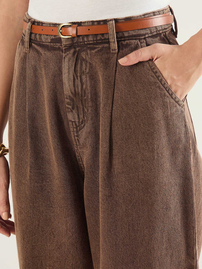 Brown PU Belted Barrel Jeans