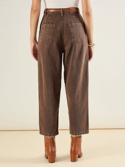 Brown PU Belted Barrel Jeans