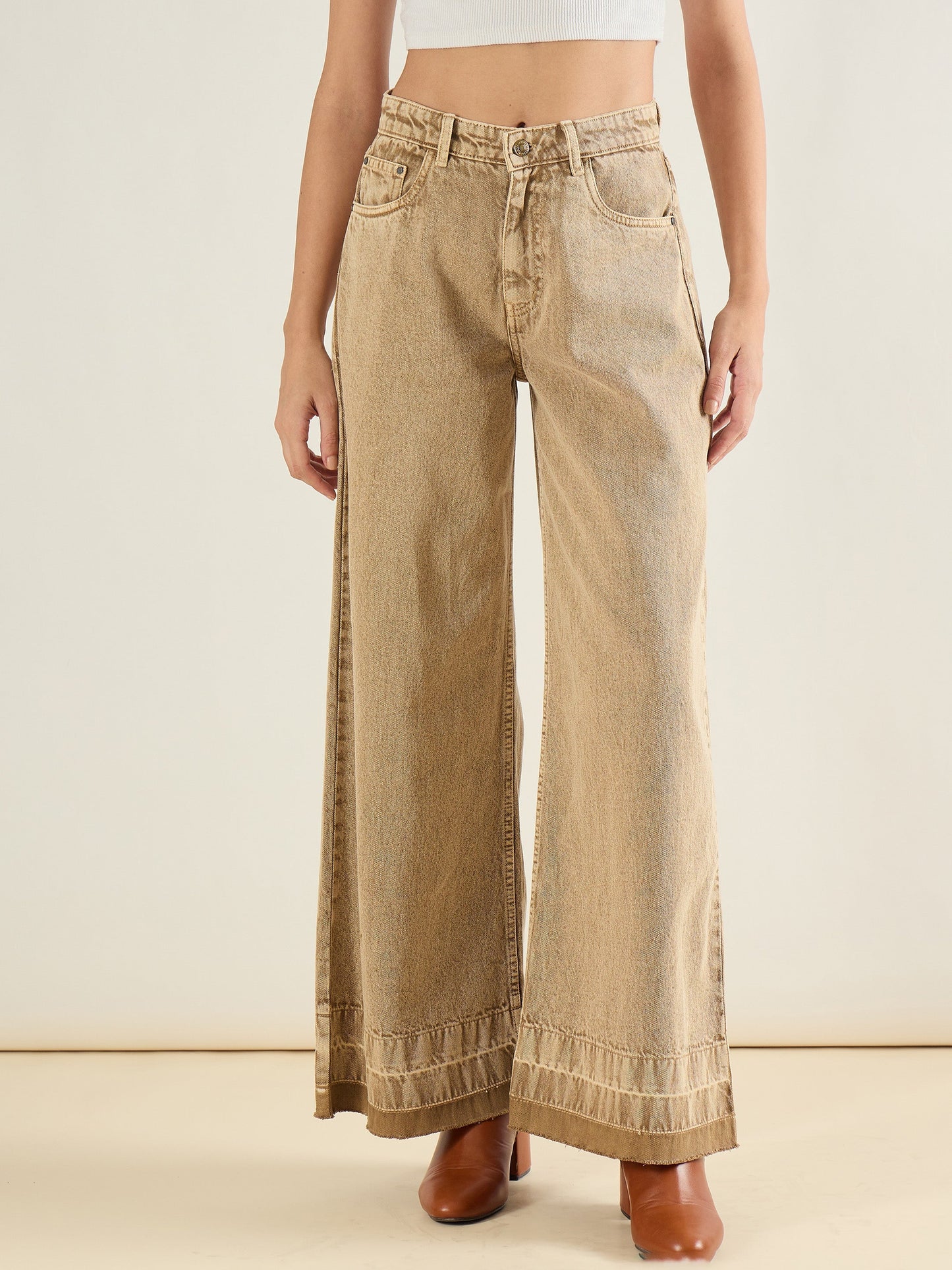 Beige Washed Hem Detail Low Waist Wide Leg Jeans