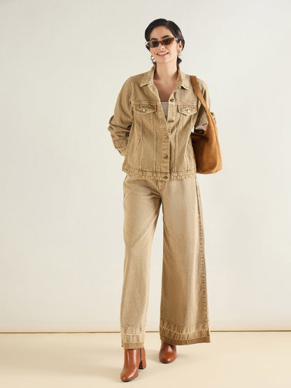 Beige Washed Hem Detail Low Waist Wide Leg Jeans